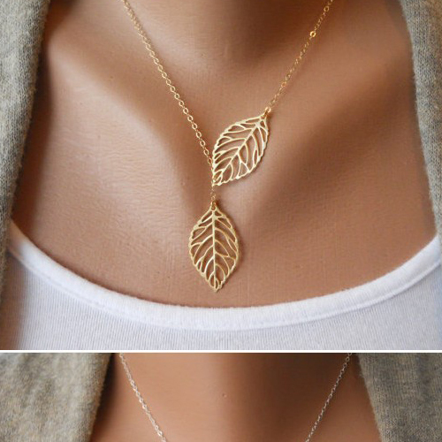 Simple European New Fashion Vintage Punk Gold Hollow Two Leaf Leaves Pendant Necklace Clavicle Chain Charm