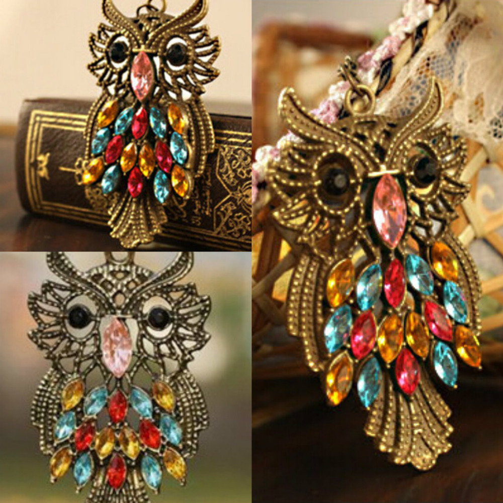 2014 the new vintage inspiration colorful rhinestones bronze owl pendant necklace long chain jewelry