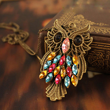 2014 the new vintage inspiration colorful rhinestones bronze owl pendant necklace long chain jewelry