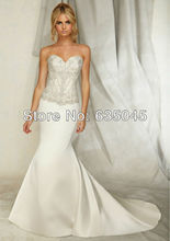 2014 New Robe De Mariage Custom Made White Ivory Satin Beading Crystal Mermaid Wedding Dress Bridal