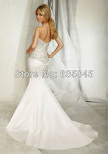 2014 New Robe De Mariage Custom Made White Ivory Satin Beading Crystal Mermaid Wedding Dress Bridal