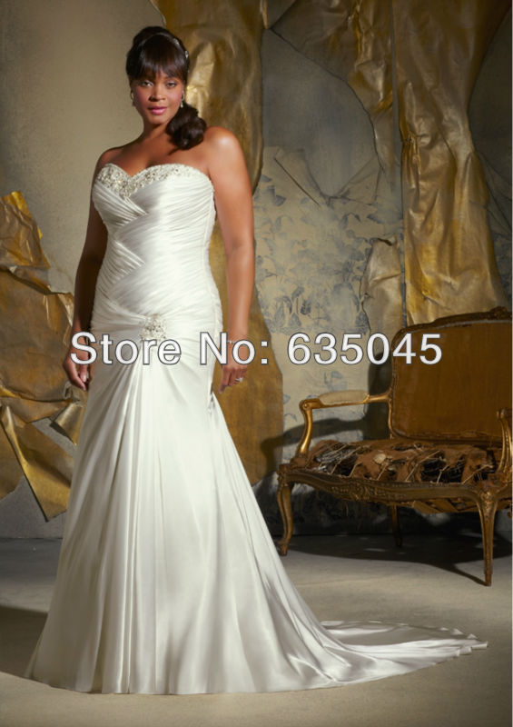 Robe De Mariage 2014 New Custom Made White Ivory Satin Pleat Beading Mermaid Wedding Dress Plus