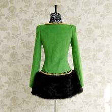 Wool tweed coat female Pink Doll winter green edged black gold chain in a long paragraph