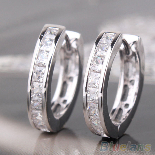 Fashion Silver Plated Small Round Square Crystal Hoop Huggie Earrings Men 1PGB