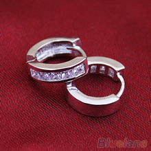 Fashion Silver Plated Small Round Square Crystal Hoop Huggie Earrings Men 1PGB