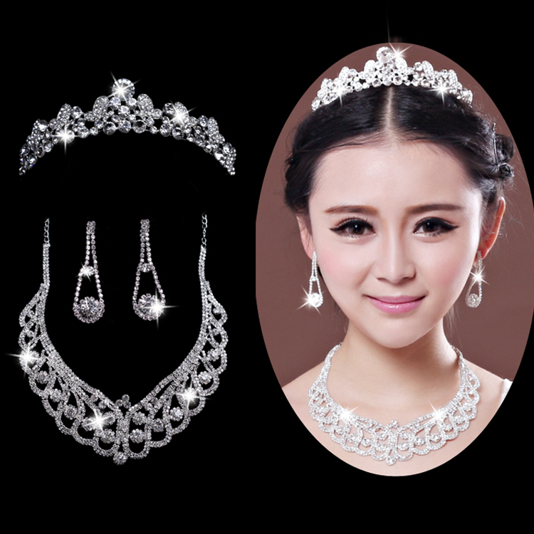 Fashion crystal bride hair accessory tiara necklace earrings marriage accessories three pieces set accessories