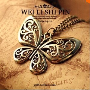 HOT 2014 Vintage Jewelry Wholesale Hollow Butterfly Pendant Sweater Chain Necklace For Women Free Shipping