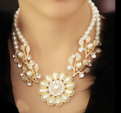 New Charm Bohemia Jewelry Crystal Pearl Flower Bib Choker Chunky Statement Collar Necklace