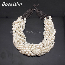 2014 Fashion Women Short Design Rhinestones Pearl String Knitting Chunky Collar Chokers Necklaces Statement Jewelry CE2726