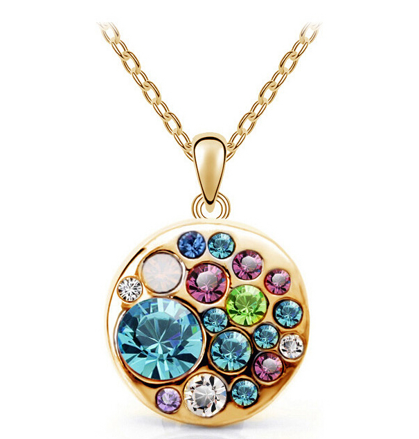 New Arrival 18K Gold Plated Crystal Simulated Diamond korean Fashion Jewelry multicolor Round Necklace Pendants for