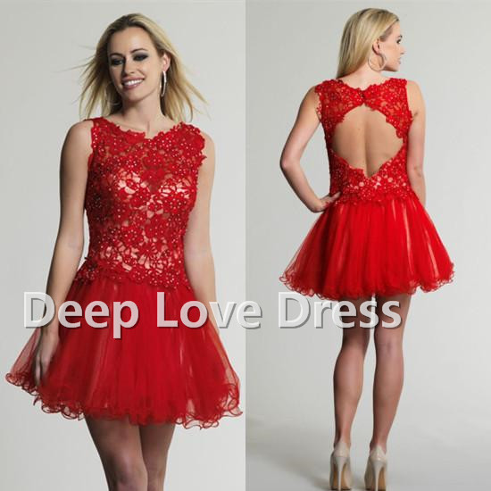 2015 Hot Sale Red ShortMini Homecoming Dresses LaceTulle Crew Neck ...