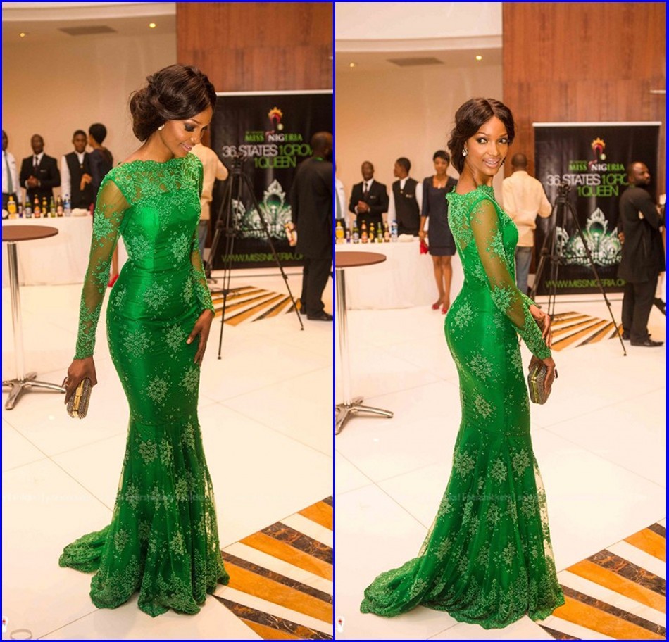 2015-New-Arrival-Red-Carpet-Miss-Nigeria-Mermaid-Long-Sleeves-Green ...