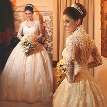 Long Sleeve Wedding Dress 2014 Free Shipping Vestidos de Noiva Ball Gown Lace Wedding Dresses China
