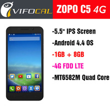 Original ZOPO C5 4G FDD LTE Mobile Phone MT6582M Quad Core 5.5” IPS Screen Android 4.4 OS 1GB RAM + 8GB ROM 8.0MP GPS 2400MAH