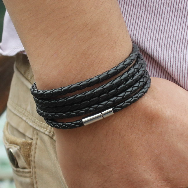 Shopkeeper Recommend New Style 2015 Latest Popular 5 Laps Leather Bracelet Men Black Retro Charm Bracelet