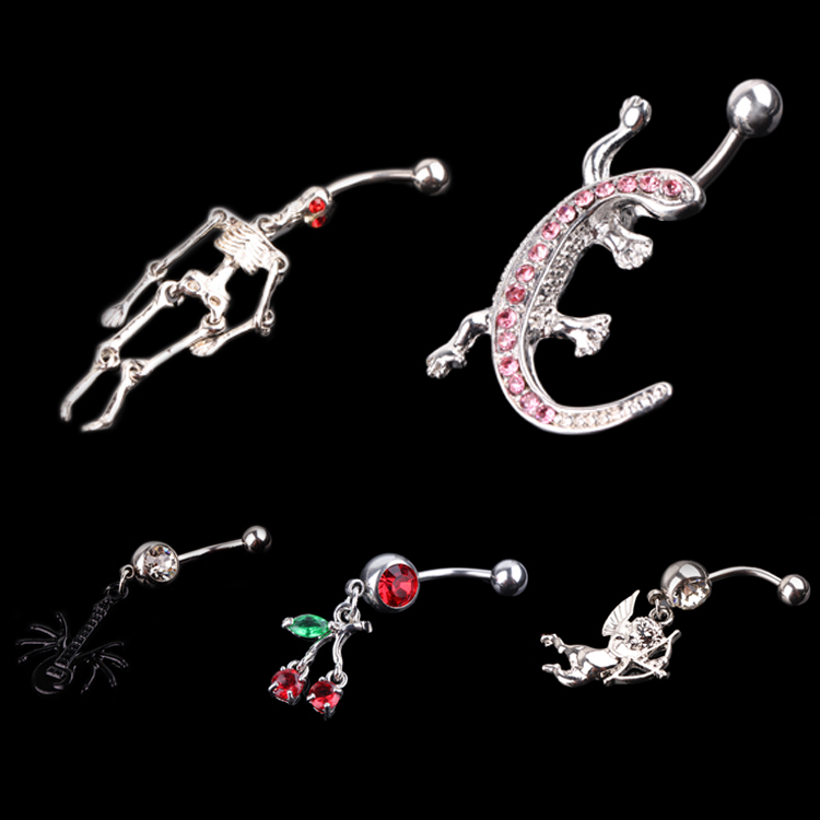  New Arrival Cherry Unique Rhinestone Skull Cupid Vintage Gecko punk style Black Spide Shaped Navel