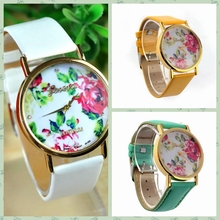 2015 Hot Flower Print Watches Fashion Women Leather Watch Rose Printing WristWatch Lady Reloj Quartz Clock Gift