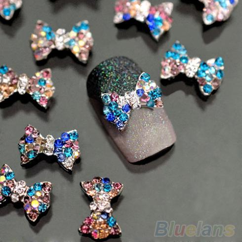 10pcs 3D Nail Art Decoration Colorful Bow Alloy Jewelry Glitter Rhinestone 24DD