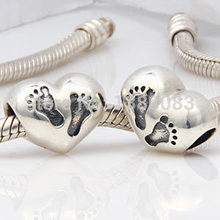 Wholesale European 925 Sterling Silver Baby Footprint Heart Charm Bead Fit Pandora Chamilia Style DIY Bracelet