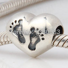Wholesale European 925 Sterling Silver Baby Footprint Heart Charm Bead Fit Pandora Chamilia Style DIY Bracelet