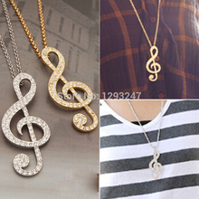 1PCS Free Shipping 2014 Fashion Lovely Vintage Rhinestone Cute Music Note Necklace vZd8