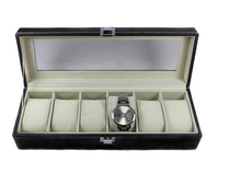 Black Leather 6 Grid Watch Display Case Storage Glass Top Jewelry Box Organizer