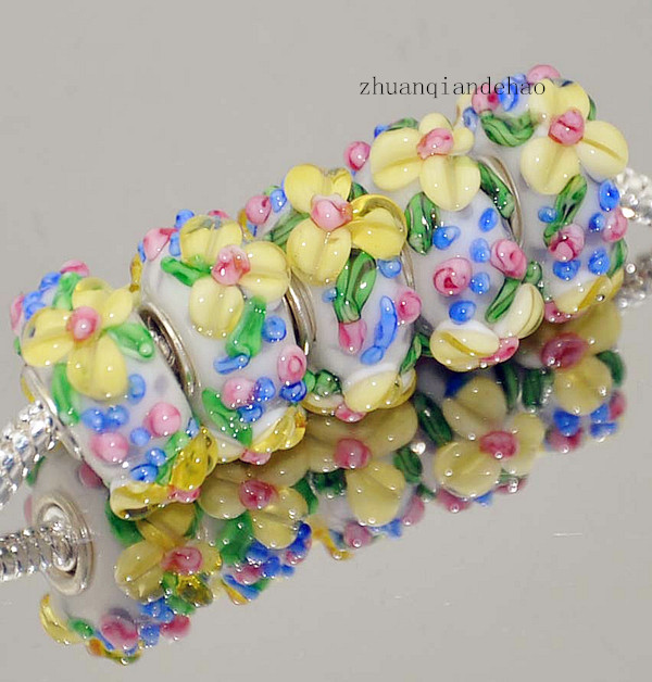 DYI 5P 3D Large colorful flowers Painting Series 925 Sterling Silver GLASS BEAD fit Pandora European