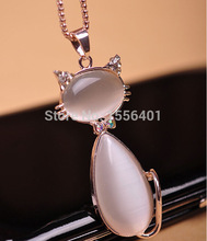 2015 Spring Fashion Jewelry cat pendant necklace opal sweater necklace for women with shine rhinestone Dropshipping