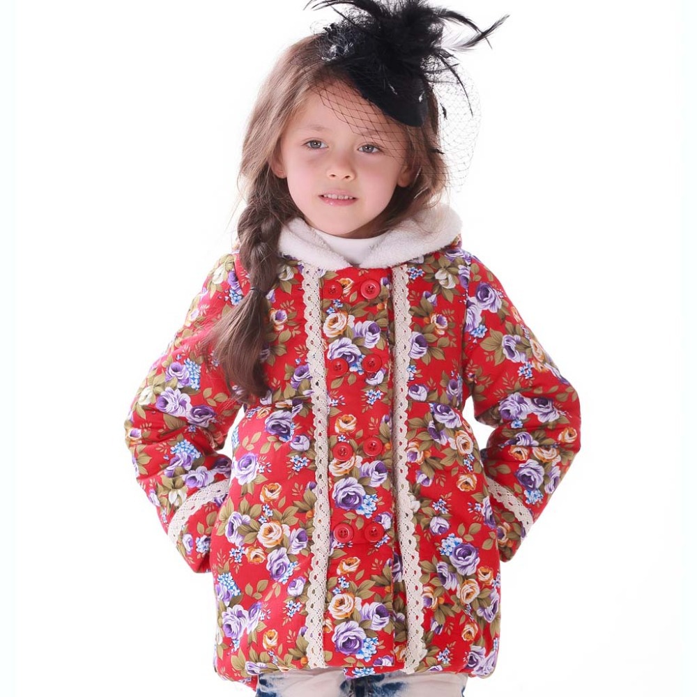 HIHEART 2014 Girl Spring Jackets Flower Princess Baby Clothing Hood Bow Lace Girls Coat Thick Cotton