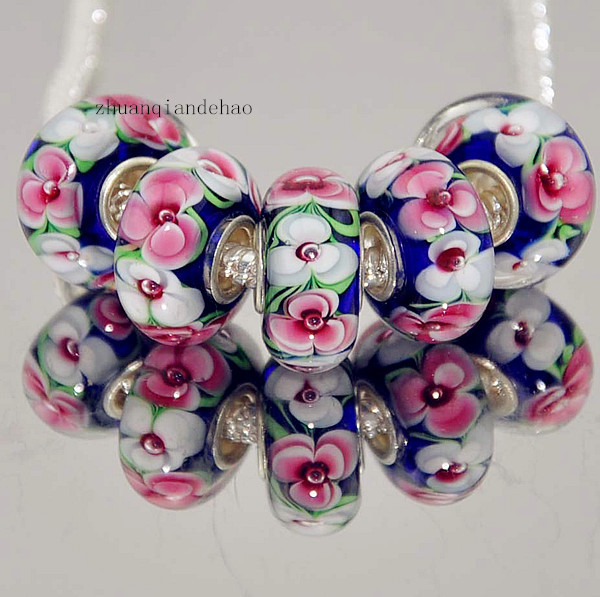 DYI 5P variety of flowers Painting Series 925 Sterling Silver GLASS BEAD fit Pandora European Bracelet