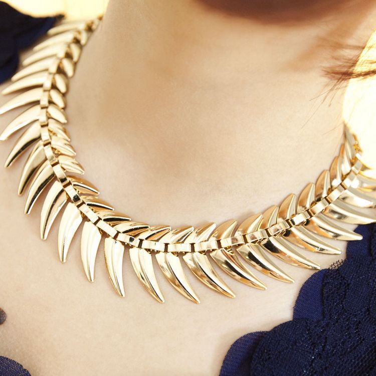 Women s Fashion Golden Alloy Fish Bone Charm Choker Chunky Collar Necklace Jewelry 2015