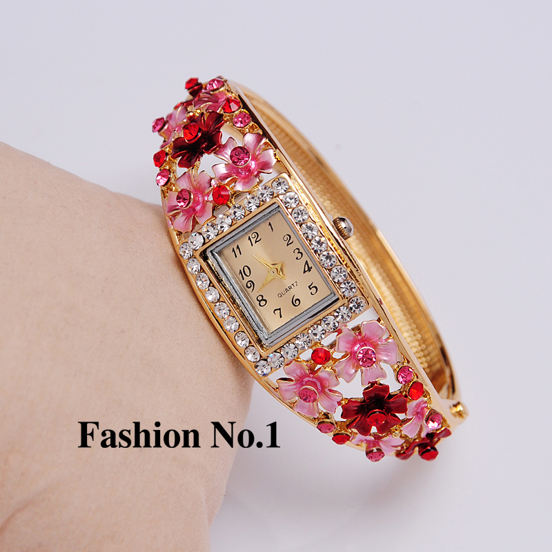 Wristwatches 5 Colors Women Dress Watches Flower 18k Gold Plated Rhinestone Quartz Bracelet Bangle Watches Free