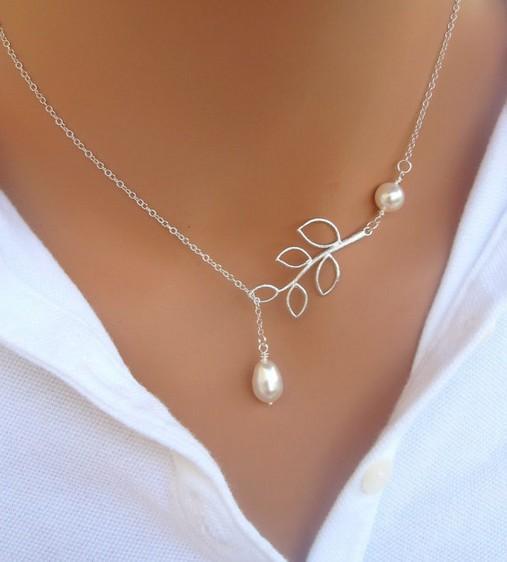 New 2015 Fashion Elegant Silver Chain Bird Pearl Leaf Pendant Necklace Friend Gifts