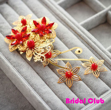 Vintage Chinese Red Rhinestones Gold Wedding Flower Hair Accessory Bridal Insert Marriage Hair Comb HEadpiece 