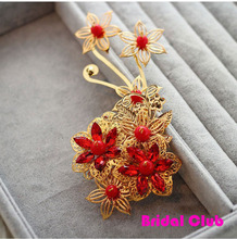 Vintage Chinese Red Rhinestones Gold Wedding Flower Hair Accessory Bridal Insert Marriage Hair Comb HEadpiece 
