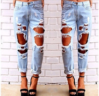 Elina\'s shop new fashion 2014 Women\'s Casual high waist denim big ripped hollow out Hole jeans pants bottom 26 27 28 29 30 31