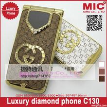 2013 luxury gold leather flash light high-quality Russian phone for women men coffee Flip Mobile Phones P79