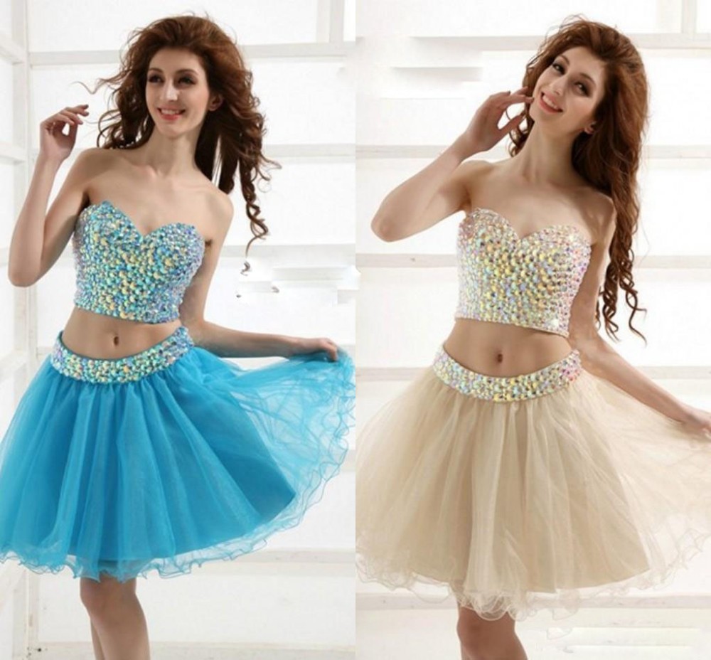 Two Piece 2015 Cheap Crystal Sweetehart Neck Party Homecoming Dress ...