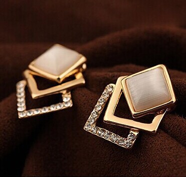 18KG Plated 2014 New Style Korean Temperament OL Fashion Sparking Rhinestone 18KGP Geometry Square Opal Stud