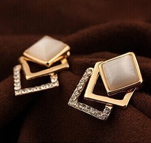 18KG Plated 2014 New Style Korean Temperament OL Fashion Sparking Rhinestone 18KGP Geometry Square Opal Stud Earrings E108