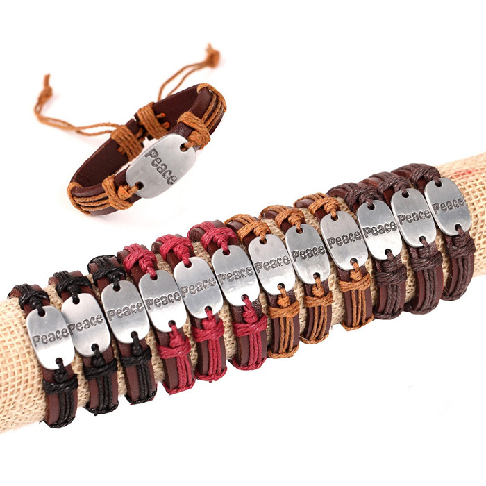 12pcs lot Colors mix genuine leather vintage peace word charm red braid handmade love bracelet bangle