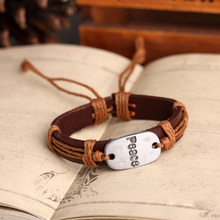 12pcs lot Colors mix genuine leather vintage peace word charm red braid handmade love bracelet bangle