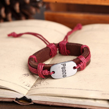 12pcs lot Colors mix genuine leather vintage peace word charm red braid handmade love bracelet bangle