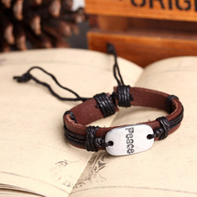 12pcs lot Colors mix genuine leather vintage peace word charm red braid handmade love bracelet bangle