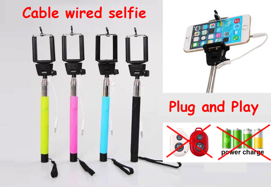 Free shipping Extendable Handheld Monopod Audio cable wired Selfie Stick Tripods take photos for IOS Android