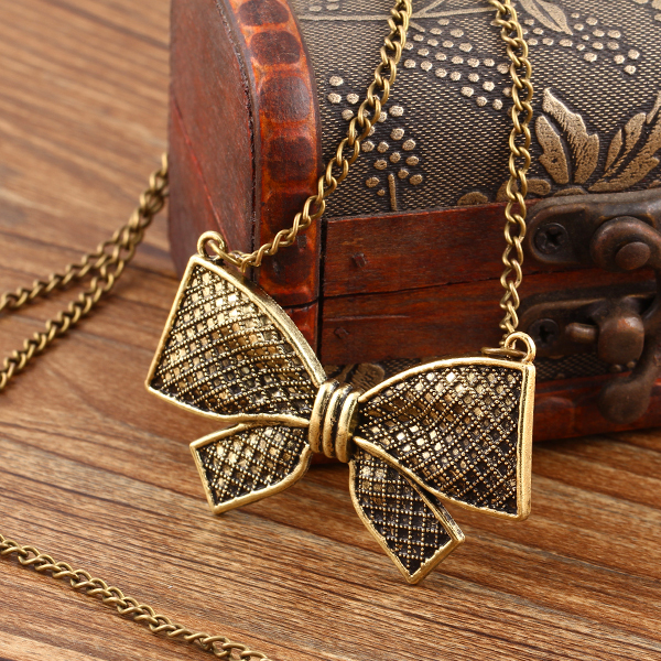 2015 New Arrival Fashion Vintage punk Metal Bow Pendant Necklace Flower long Chain Necklace Statement jewelry