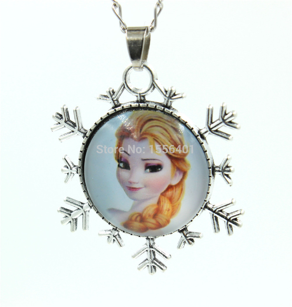 Snowflake Chain Necklace Princess Pendant Flatback Rhinestone Cabochon Cartoon Girls Jewelry Decoration Dress 48cm