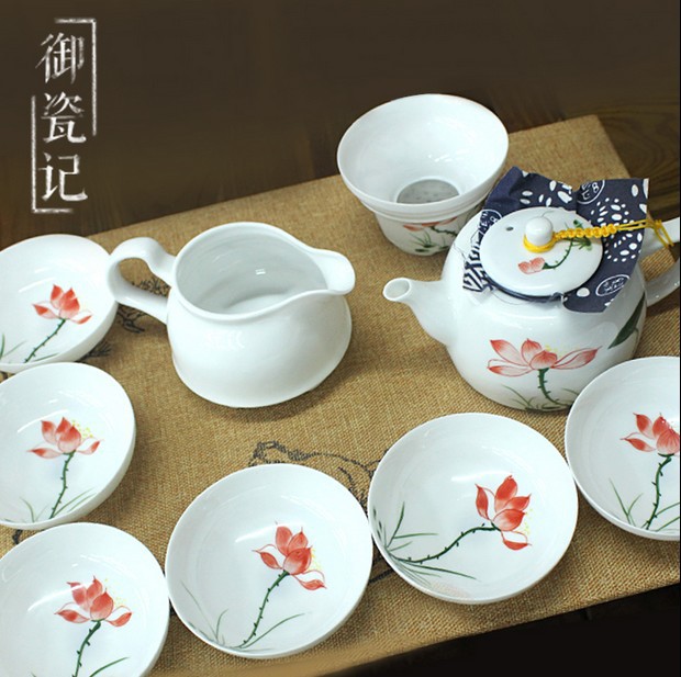 Chinese porcelain tea set deihua pottery that made of under glazed and colorful hand drawing