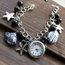 Women Jewelry Quartz Charms Beads Shell Bracelet Round Dial Cuff Wrist Watch
