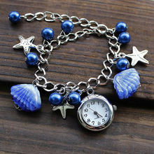 Women Jewelry Quartz Charms Beads Shell Bracelet Round Dial Cuff Wrist Watch